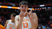 Tennessee forward J.P. Estrella (13) celebrates after winning a NCAA basketball game between the Tennessee Volunteers and Northern Kentucky Norse at Thompson-Boling Arena at Food City Center on Nov. 8, 2025.
