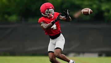 Ohio State Buckeyes wide receiver Jeremiah Smith (4) catches a pass during the first football practice of the season at the Woody Hayes Athletic Center on July 31, 2025.
