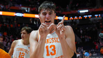 Tennessee forward J.P. Estrella (13) celebrates after winning a NCAA basketball game between the Tennessee Volunteers and Northern Kentucky Norse at Thompson-Boling Arena at Food City Center on Nov. 8, 2025.