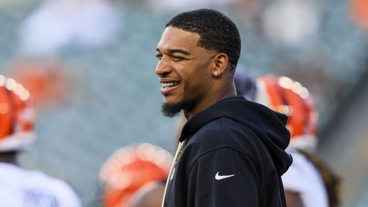 Aug 22, 2024; Cincinnati, Ohio, USA; Cincinnati Bengals wide receiver Ja'Marr Chase (1) stands on the field during warmups before the game against the Indianapolis Colts at Paycor Stadium. Mandatory Credit: Katie Stratman-USA TODAY Sports