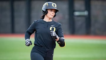 Oregon outfielder Ariel Carlson runs the bases on a home run as the Oregon Ducks host Washington Saturday, April 6, 2024 at Jane Sanders Stadium in Eugene, Ore.