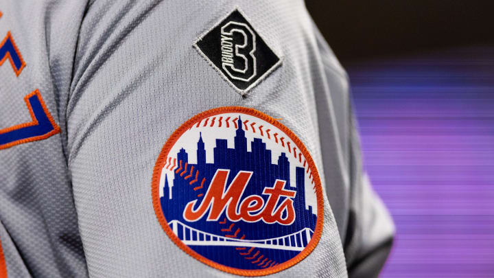 May 15, 2024; Philadelphia, Pennsylvania, USA; New York Mets logo on the sleeve of J.D. Martinez during a game against the Philadelphia Phillies at Citizens Bank Park. Mandatory Credit: Bill Streicher-USA TODAY Sports