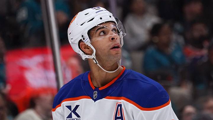 Apr 8, 2026; San Jose, California, USA;  Edmonton Oilers defenseman Darnell Nurse (25) looks up at the scoreboard during a break in the action against the San Jose Sharks during the second period at SAP Center at San Jose. Mandatory Credit: David Gonzales-Imagn Images