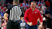 Mar 1, 2025; Oxford, Mississippi, USA; Mississippi Rebels head coach Chris Beard reacts toward an official during the second half against the Oklahoma Sooners at The Sandy and John Black Pavilion at Ole Miss. Mandatory Credit: Petre Thomas-Imagn Images