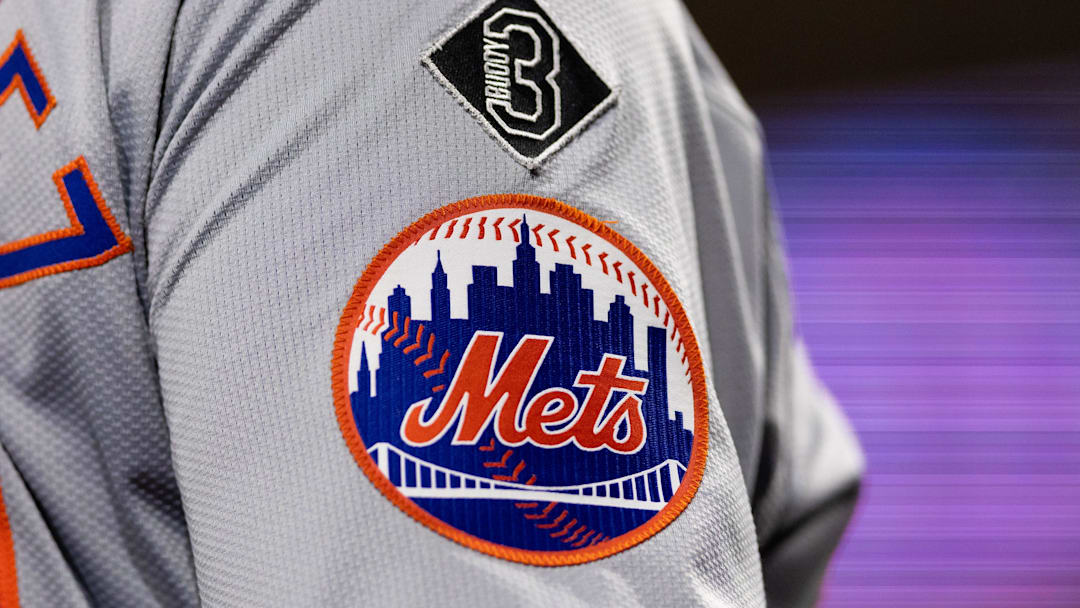 May 15, 2024; Philadelphia, Pennsylvania, USA; New York Mets logo on the sleeve of J.D. Martinez during a game against the Philadelphia Phillies at Citizens Bank Park. Mandatory Credit: Bill Streicher-USA TODAY Sports