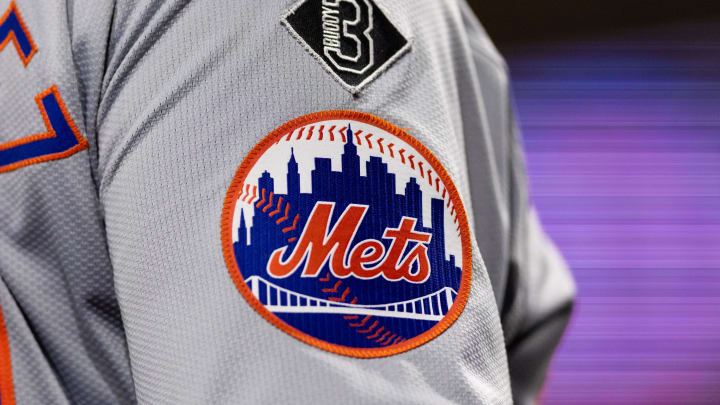 May 15, 2024; Philadelphia, Pennsylvania, USA; New York Mets logo on the sleeve of J.D. Martinez during a game against the Philadelphia Phillies at Citizens Bank Park. Mandatory Credit: Bill Streicher-USA TODAY Sports