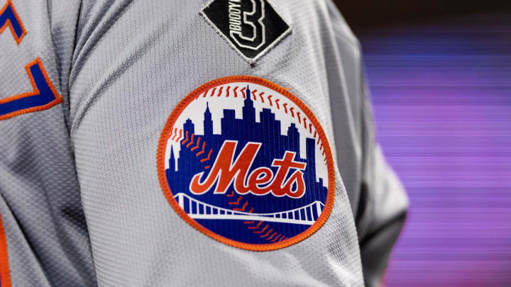 May 15, 2024; Philadelphia, Pennsylvania, USA; New York Mets logo on the sleeve of J.D. Martinez during a game against the Philadelphia Phillies at Citizens Bank Park. Mandatory Credit: Bill Streicher-USA TODAY Sports