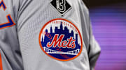 May 15, 2024; Philadelphia, Pennsylvania, USA; New York Mets logo on the sleeve of J.D. Martinez during a game against the Philadelphia Phillies at Citizens Bank Park. Mandatory Credit: Bill Streicher-Imagn Images