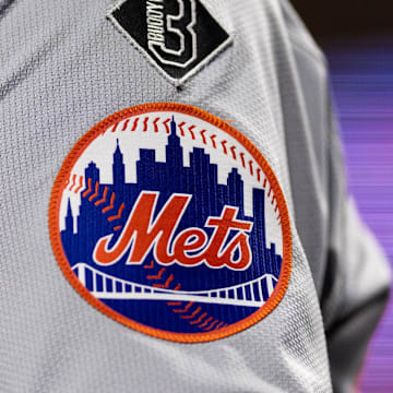 May 15, 2024; Philadelphia, Pennsylvania, USA; New York Mets logo on the sleeve of J.D. Martinez during a game against the Philadelphia Phillies at Citizens Bank Park. Mandatory Credit: Bill Streicher-Imagn Images