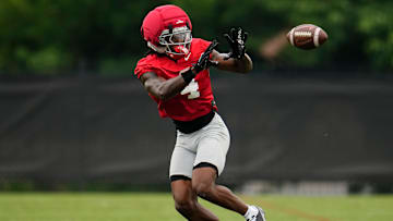 Ohio State Buckeyes wide receiver Jeremiah Smith (4) catches a pass during the first football practice of the season at the Woody Hayes Athletic Center on July 31, 2025.