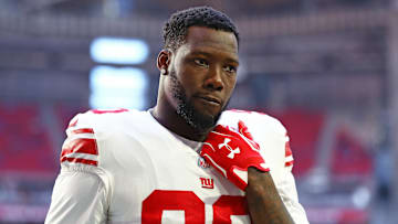 Dec 24, 2017; Glendale, AZ, USA; New York Giants defensive end Jason Pierre-Paul (90) against the Arizona Cardinals at University of Phoenix Stadium. Mandatory Credit: Mark J. Rebilas-Imagn Images
