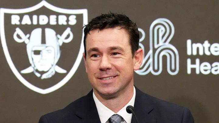 Las Vegas Raiders coach Klint Kubiak speaks at introductory press conference.
