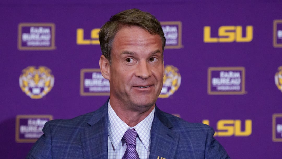 LSU new head coach Lane Kiffin speaks at South Stadium Club at Tiger Stadium. Mandatory Credit: Matthew Hinton-Imagn Images