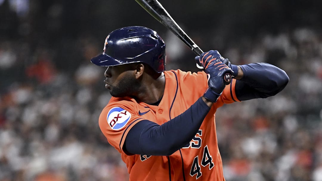Apr 24, 2026; Houston, Texas, USA; Houston Astros designated hitter Yordan Alvarez (44) at bat in the first inning against the New York Yankees at Daikin Park. Mandatory Credit: Maria Lysaker-Imagn Images