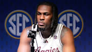 Oct 15, 2025; Birmingham, Alabama, USA; Texas A&M player Mackenzie Mgbako talks to reporters at SEC Media Day in the Grand Bohemian Hotel.