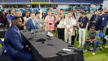 Jul 25, 2024; Indianapolis, IN, USA; Michigan Wolverines head coach Sherrone Moore speaks to the media during the Big 10 football media day at Lucas Oil Stadium. Mandatory Credit: Robert Goddin-USA TODAY Sports