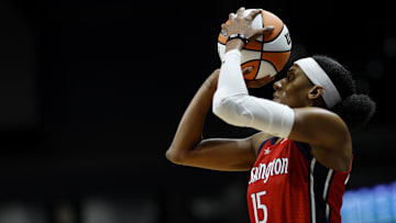 May 19, 2023; Washington, District of Columbia, USA; Washington Mystics guard Brittney Sykes (15) shoots the ball against the New York Liberty at Entertainment & Sports Arena. Mandatory Credit: Geoff Burke-Imagn Images
