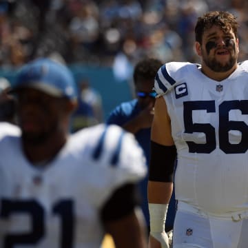 Sep 26, 2021; Nashville, Tennessee, USA; Indianapolis Colts offensive guard Quenton Nelson (56) leaves the field at half against the Tennessee Titans at Nissan Stadium. 