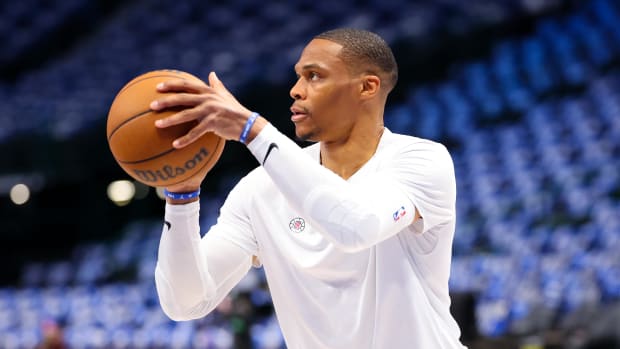 Apr 28, 2024; Dallas, Texas, USA; LA Clippers guard Russell Westbrook (0) warms up before the game against the Dallas Mavericks during game four of the first round for the 2024 NBA playoffs at American Airlines Center. Mandatory Credit: Kevin Jairaj-USA TODAY Sports