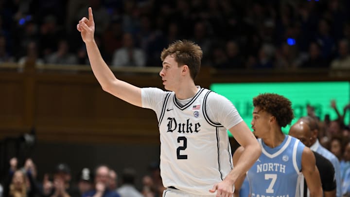 Feb 1, 2025; Durham, North Carolina, USA;  Duke basketball forward Cooper Flagg (2) reacts during the first half against the North Carolina Tar Heels at Cameron Indoor Stadium.