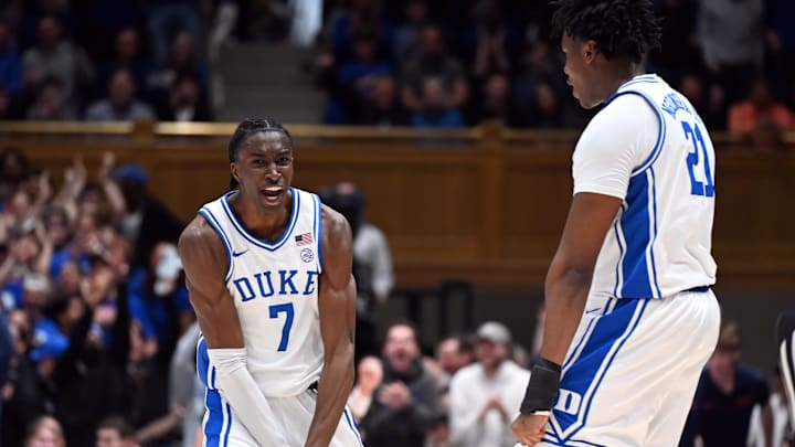 Feb 28, 2026; Durham, North Carolina, USA; Duke Blue Devils forward Dame Sarr (7) celebrates with center Patrick Ngongba II (21) after hitting a three-pointer during the first half against the Virginia Cavaliers at Cameron Indoor Stadium. Feb 28, 2026; Durham, North Carolina, USA; Duke Blue Devils forward Dame Sarr (7) celebrates with center Patrick Ngongba II (21) after hitting a three-pointer during the first half against the Virginia Cavaliers at Cameron Indoor Stadium.