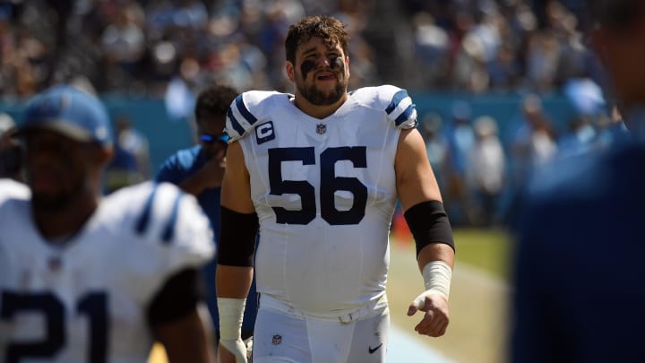 Sep 26, 2021; Nashville, Tennessee, USA; Indianapolis Colts offensive guard Quenton Nelson (56) leaves the field at half against the Tennessee Titans at Nissan Stadium. 