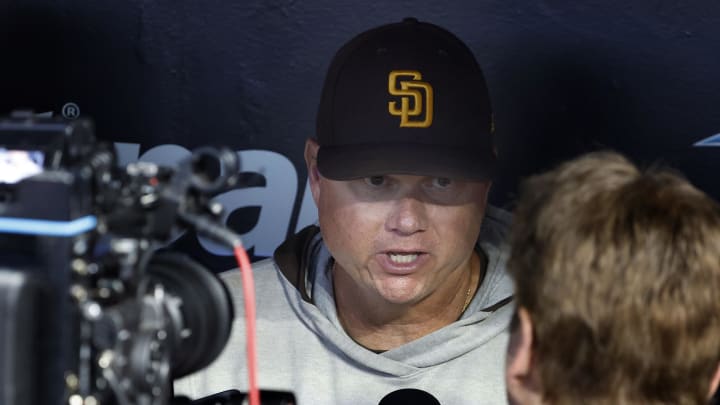 Aug 9, 2024; Miami, Florida, USA;  San Diego Padres manager Mike Shildt (8) speaks with the media before the game against the Miami Marlins at loanDepot Park. Mandatory Credit: Rhona Wise-USA TODAY Sports