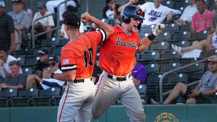 May 26, 2023; Mesa, AZ, USA; Sam Houston Bearkats' Walker Janek (3) celebrates his 3-run home run against the GCU Lopes during their WAC Tournament game at Hohokam Stadium.