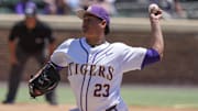 May 31, 2024; Chapel Hill, NC, USA; LSU pitcher Gage Jump (23) throws against the Wofford Terriers during the NCAA Regional in Chapel Hill. Mandatory Credit: Jim Dedmon-Imagn Images
