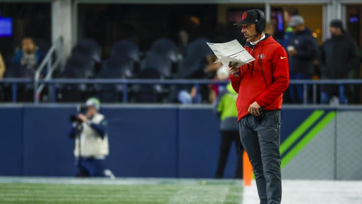 Nov 23, 2023; Seattle, Washington, USA; San Francisco 49ers head coach Kyle Shanahan stands on the sideline during the third quarter against the Seattle Seahawks at Lumen Field. Mandatory Credit: Joe Nicholson-USA TODAY Sports