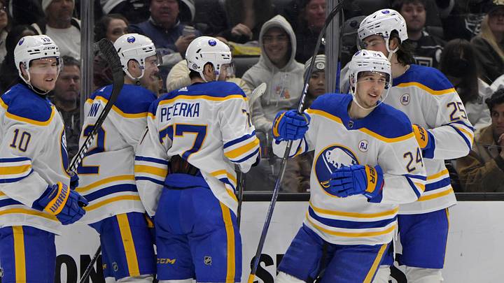 Jan 24, 2024; Los Angeles, California, USA; Buffalo Sabres center Dylan Cozens (24), right, is