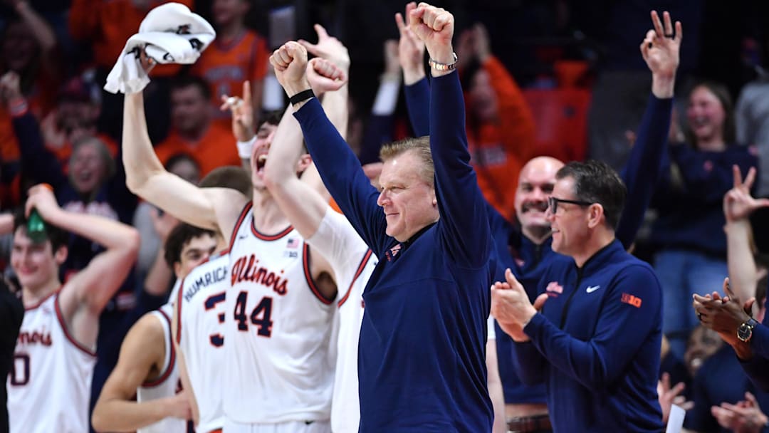 Mar 3, 2026; Champaign, Illinois, USA;  Illinois Fighting Illini head coach Brad Underwood celebrates an 80-54 win against the Oregon Ducks at State Farm Center. Mandatory Credit: Ron Johnson-Imagn Images