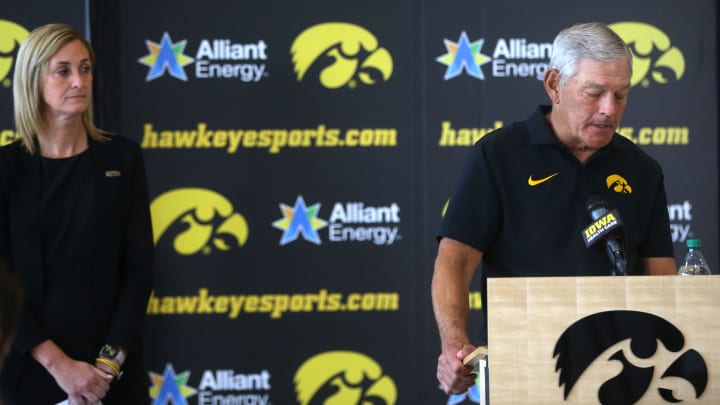 Iowa football Head Coach Kirk Ferentz speaks about alleged NCAA violations committed by the football team as Athletic Director Beth Goetz looks on Thursday, Aug. 22, 2024 in Iowa City, Iowa.