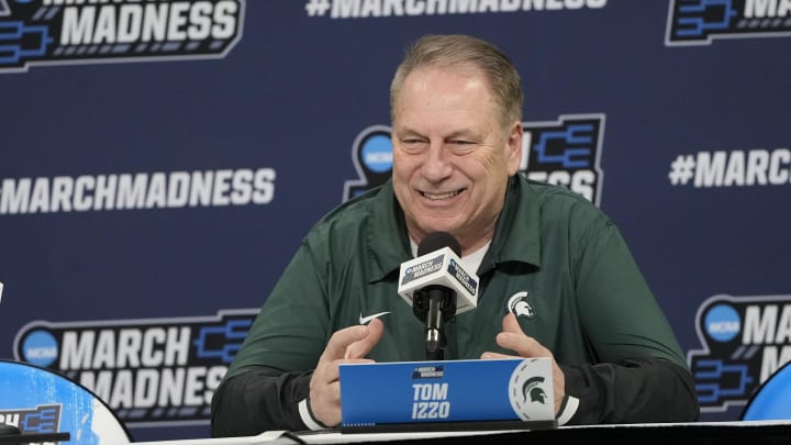 Mar 20, 2024; Charlotte, NC, USA; Michigan State Spartans head coach Tom Izzo during a press conference at Spectrum Center. Mandatory Credit: Bob Donnan-USA TODAY Sports
