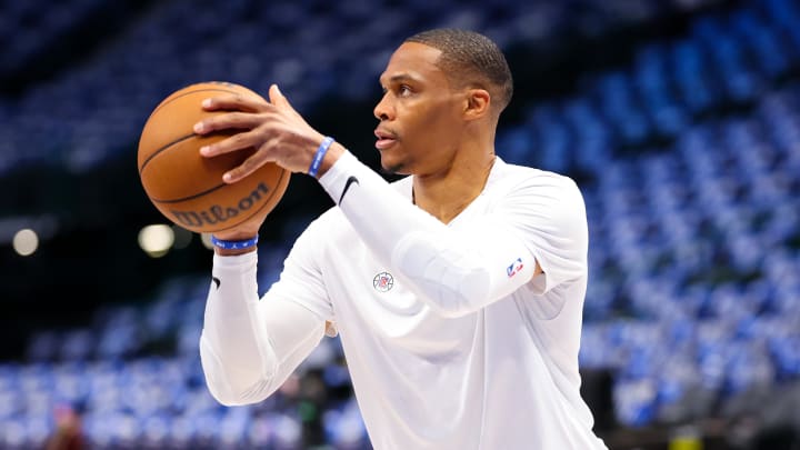 Apr 28, 2024; Dallas, Texas, USA; LA Clippers guard Russell Westbrook (0) warms up before the game against the Dallas Mavericks during game four of the first round for the 2024 NBA playoffs at American Airlines Center. Mandatory Credit: Kevin Jairaj-USA TODAY Sports