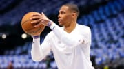 Apr 28, 2024; Dallas, Texas, USA; LA Clippers guard Russell Westbrook (0) warms up before the game against the Dallas Mavericks during game four of the first round for the 2024 NBA playoffs at American Airlines Center. Mandatory Credit: Kevin Jairaj-USA TODAY Sports