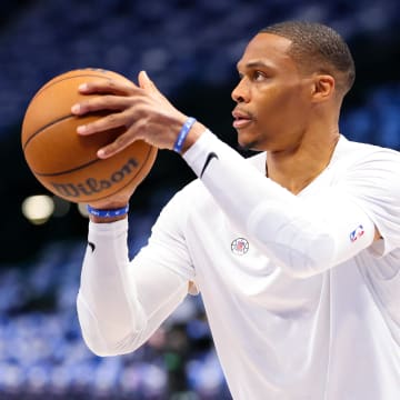 Apr 28, 2024; Dallas, Texas, USA; LA Clippers guard Russell Westbrook (0) warms up before the game against the Dallas Mavericks during game four of the first round for the 2024 NBA playoffs at American Airlines Center. Mandatory Credit: Kevin Jairaj-USA TODAY Sports