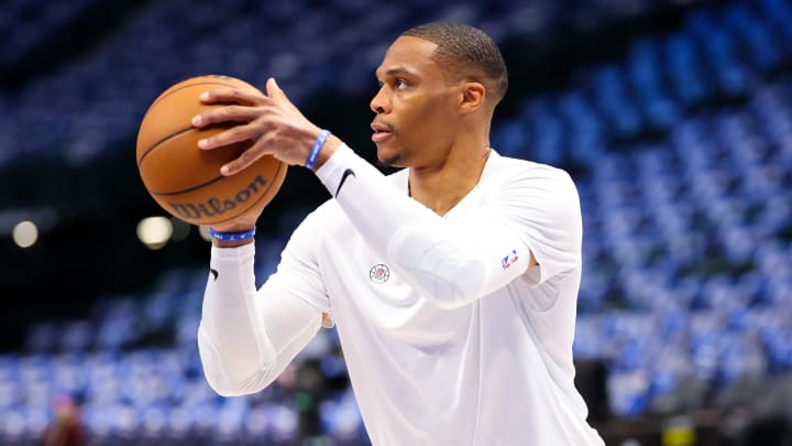 LA Clippers guard Russell Westbrook (0) warms up before the game against the Dallas Mavericks during game four of the first round for the 2024 NBA playoffs at American Airlines Center. Mandatory Credit: 