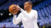 Apr 28, 2024; Dallas, Texas, USA; LA Clippers guard Russell Westbrook (0) warms up before the game against the Dallas Mavericks during game four of the first round for the 2024 NBA playoffs at American Airlines Center. Mandatory Credit: 