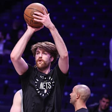 Apr 8, 2025; Brooklyn, New York, USA;  Brooklyn Nets forward Drew Timme (26) warms up prior to the game against the New Orleans Pelicans at Barclays Center. Mandatory Credit: Wendell Cruz-Imagn Images
