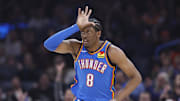 Jan 23, 2025; Oklahoma City, Oklahoma, USA; Oklahoma City Thunder forward Jalen Williams (8) gestures after scoring a three point basket against the Dallas Mavericks during the first quarter at Paycom Center. Mandatory Credit: Alonzo Adams-Imagn Images
