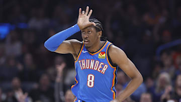 Jan 23, 2025; Oklahoma City, Oklahoma, USA; Oklahoma City Thunder forward Jalen Williams (8) gestures after scoring a three point basket against the Dallas Mavericks during the first quarter at Paycom Center. Mandatory Credit: Alonzo Adams-Imagn Images