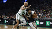 Mar 5, 2025; Boston, Massachusetts, USA; Portland Trail Blazers guard Shaedon Sharpe (17) drives on Boston Celtics guard Jordan Walsh (27) during the second half at TD Garden. Mandatory Credit: Winslow Townson-Imagn Images