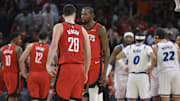Nov 16, 2025; Houston, Texas, USA; Houston Rockets center Alperen Sengun (28) reacts with forward Kevin Durant (7) after making a basket during overtime against the Orlando Magic at Toyota Center. Mandatory Credit: Troy Taormina-Imagn Images