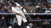 Sep 24, 2024; Bronx, New York, USA; New York Yankees center fielder Aaron Judge (99) hits a solo home run.