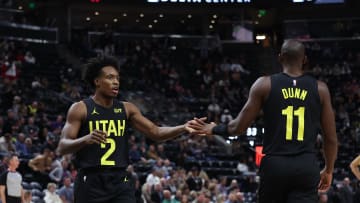 Nov 1, 2023; Salt Lake City, Utah, USA; Utah Jazz guard Collin Sexton (2) and guard Kris Dunn (11)