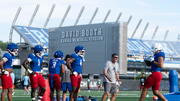 Kansas linebackers work through drills during an outdoor practice on July 30, 2025.