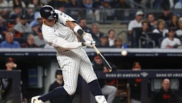 Sep 24, 2024; Bronx, New York, USA; New York Yankees center fielder Aaron Judge (99) hits a solo home run.