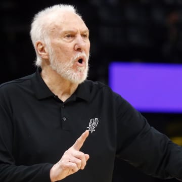Apr 9, 2024; Memphis, Tennessee, USA; San Antonio Spurs head coach Gregg Popovich reacts during the second half against the Memphis Grizzlies at FedExForum. Mandatory Credit: Petre Thomas-USA TODAY Sports