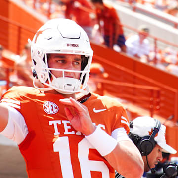 Arch Manning warms up before Texas' 2024 debut against Colorado State at Darrell K Royal-Texas Memorial Stadium. 